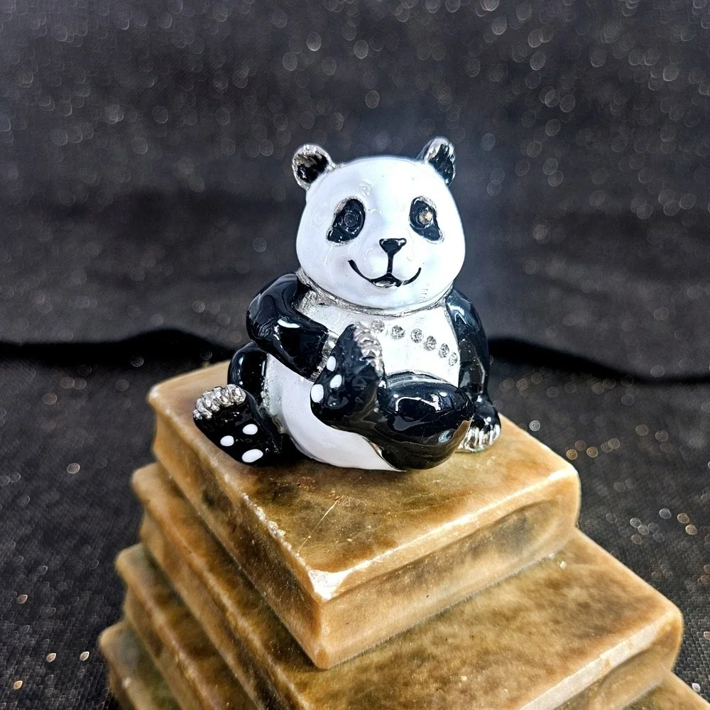 Panda Bear Hinged Trinket Box Enamel Rhinestone‎ Crystal Bejeweled Black White